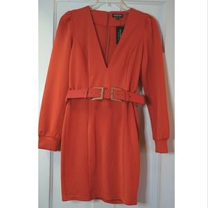 Burnt Orange Long Sleeve Fashion Nova "Night Daze Mini Dress" With Matching Belt